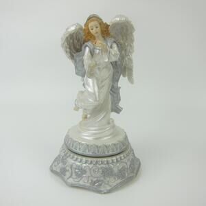 Vintage Christmas Music Box Angel Spins White Silver Hark The Herald Angels Sing